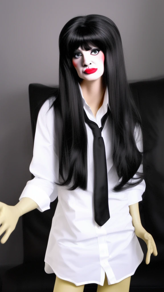 a woman at home, long black hair, mannequin, wearing white shirt, cute face,