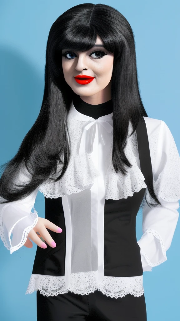 a woman at home, long black hair, mannequin, wearing white shirt, cute face,