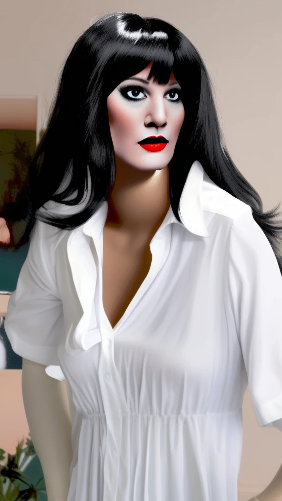 a woman at home, long black hair, mannequin,  wearing white shirt, cute face,