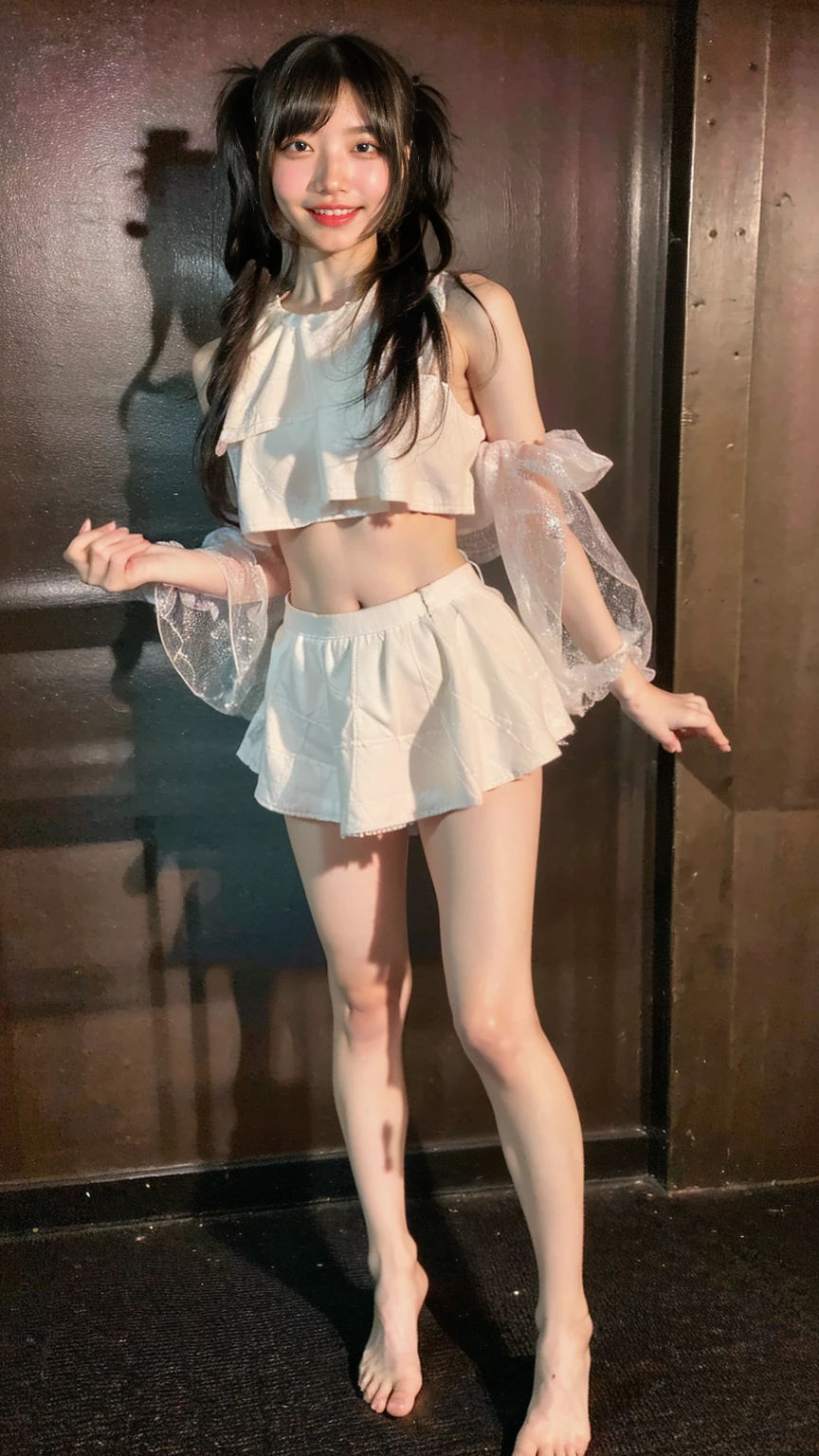 (8K、RAW Photos、Highest quality、masterpiece:1.2)、(Realistic、Realistic)、1 girl、((Completely naked:1.5、With pubic hair、Large Breasts、Full body from the front、Standing with hands behind back、、Lots of eyelashes、Glowing eyelids、skeletally correct、smile、This photo will awaken boys to sex