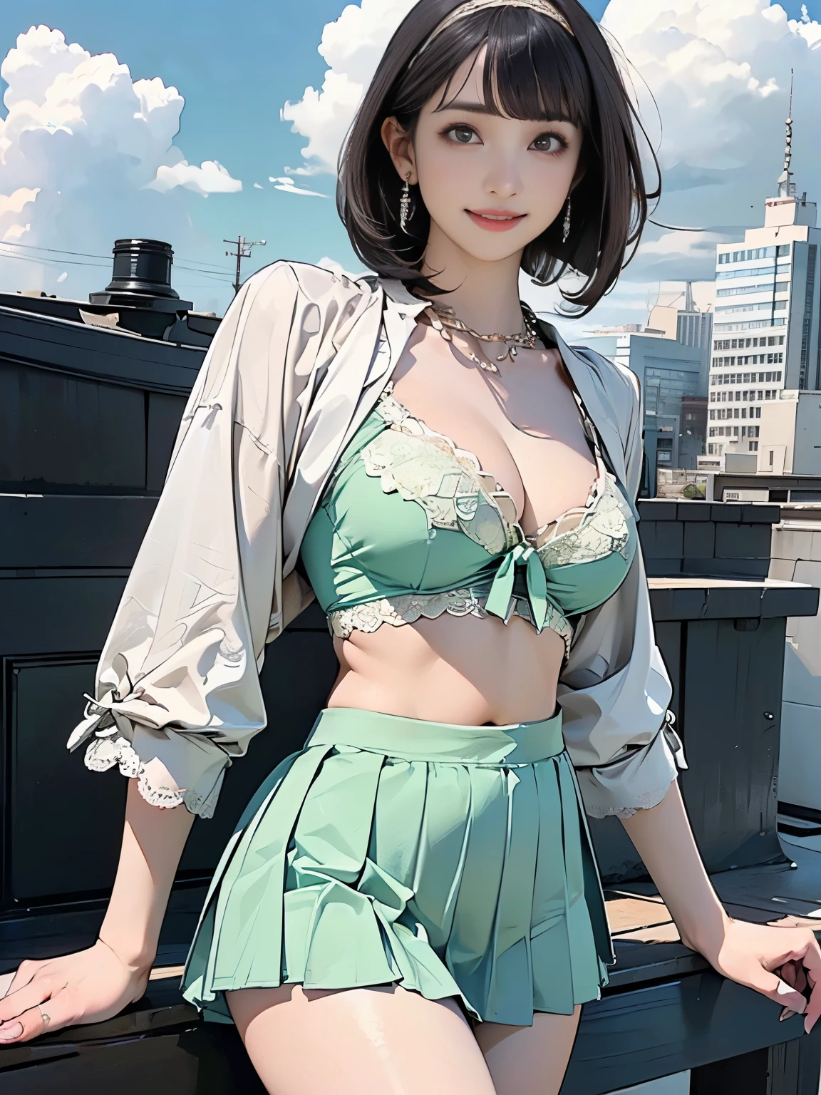 ((((Highest quality))))、(((Ultra-precision CG16K wallpaper)))、(((masterpiece)))、(((Super detailed)))、(((Extreme detail)))、((1Mature 29 year old woman:1.6))、((Very beautiful Japan face of a person))、((Urizane Face:1.8))、((Short bob straight hair、blunt bangs:1.8))、(Shiny Hair)、A delicately drawn beautiful face、Dark Eyes、double eyelid、High nose、Small nostrils、Small Mouth、Seductive lips、Beautiful breasts、((C cup size breasts))、Cleavage、Beautiful feet、eight-headed body、Perfect proportions、Perfect Anatomy、Perfect composition、Beautiful detailed shading、Beautiful, natural lighting、Beautiful detail glow、Depth of written boundary、(((High chroma)))、(((Real:1.9)))、((vivid:1.5))、((Beautiful Skin))、((Skin Texture))、((Realな皮膚感))、(((Cowboy Shot:1.6)))、((front view、shoot from front、front low angle:1.6))、(((smile:1.7)))、((The woman is looking at this、looking at viewer:1.6))、Bright daylight、Natural light、(((Rooftop、skyscraper、cloud:1.5)))、(Gravure idol walking pose:1.6)、(((Mint green lace blouse&Low-rise pleated mini skirt:1.6)))、((hair band、Chain Necklaces、Wearing earrings:1.5))、((Knee socks clothing:1.5))、
