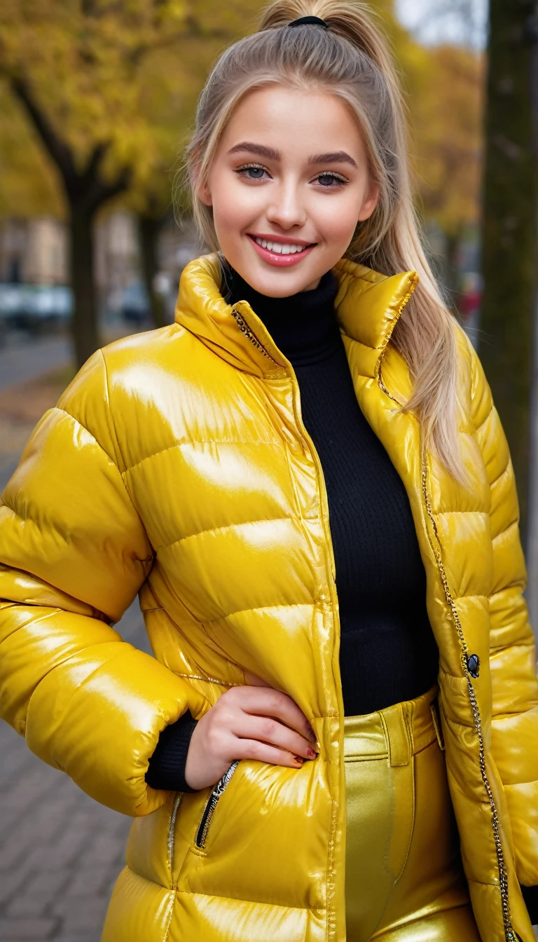 ultrarealistic high quality full body photo of a beautiful busty slim european 18-year-old woman with cute hyperdetailed shy face and natural blonde straight long ponytail and shy smile , realistic round hazel eyes, natural lips, light makeup, wearing shiny metallic bright yellow puffer coat and leather pants, hourglass body, outdoor photography, tanned, nsfw
