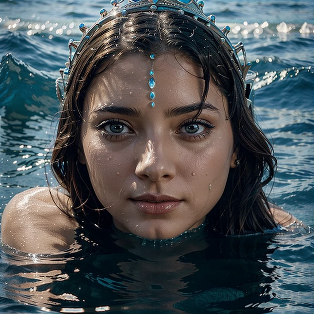 A woman with a crown on her head made of water. The idea is that she is a water queen. It should look beautiful and embody the ocean. She should be naked
