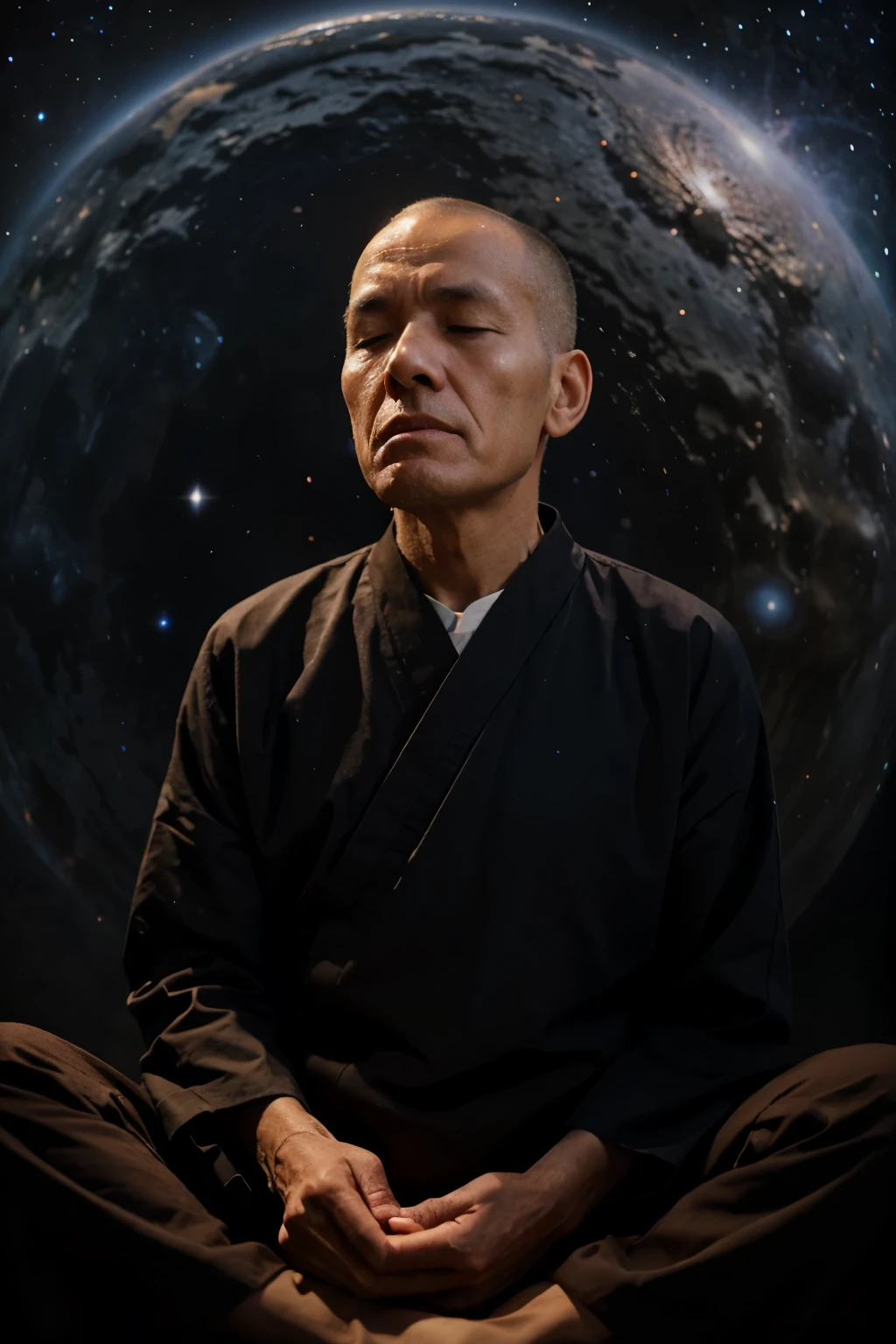 An elderly monk meditates with his eyes closed，The background is the cosmic galaxy