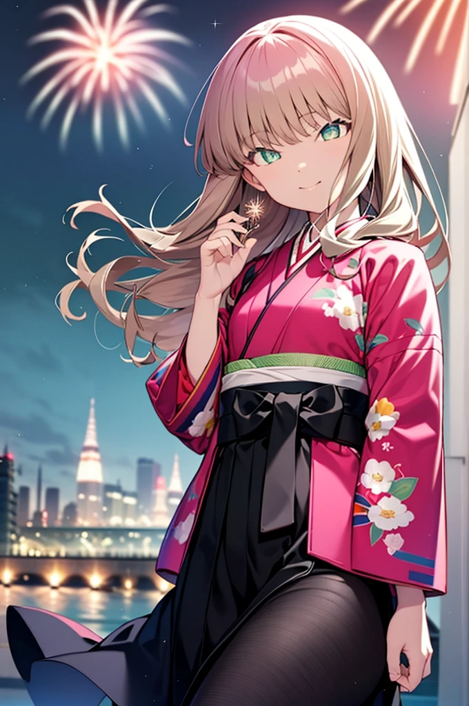 Yume Minami,sss dynazenon ,Brown Hair,Green Eyes,hair tied back,Flower hair ornament,Black Japanese Clothing,Thick sleeves,Long skirt,Sandals,whole bodyがイラストに入るように,smile,Fireworks in the night sky,Fireworks,The place is a fireworks display、Time is night,break outdoors, Festival,break looking at viewer, whole body,(Cowboy Shot:1. 5) , break (masterpiece:1.2), Highest quality, High resolution, unity 8k wallpaper, (shape:0.8), (Beautiful and beautiful eyes:1.6), Highly detailed face, Perfect lighting, Extremely detailed CG, (Perfect hands, Perfect Anatomy),