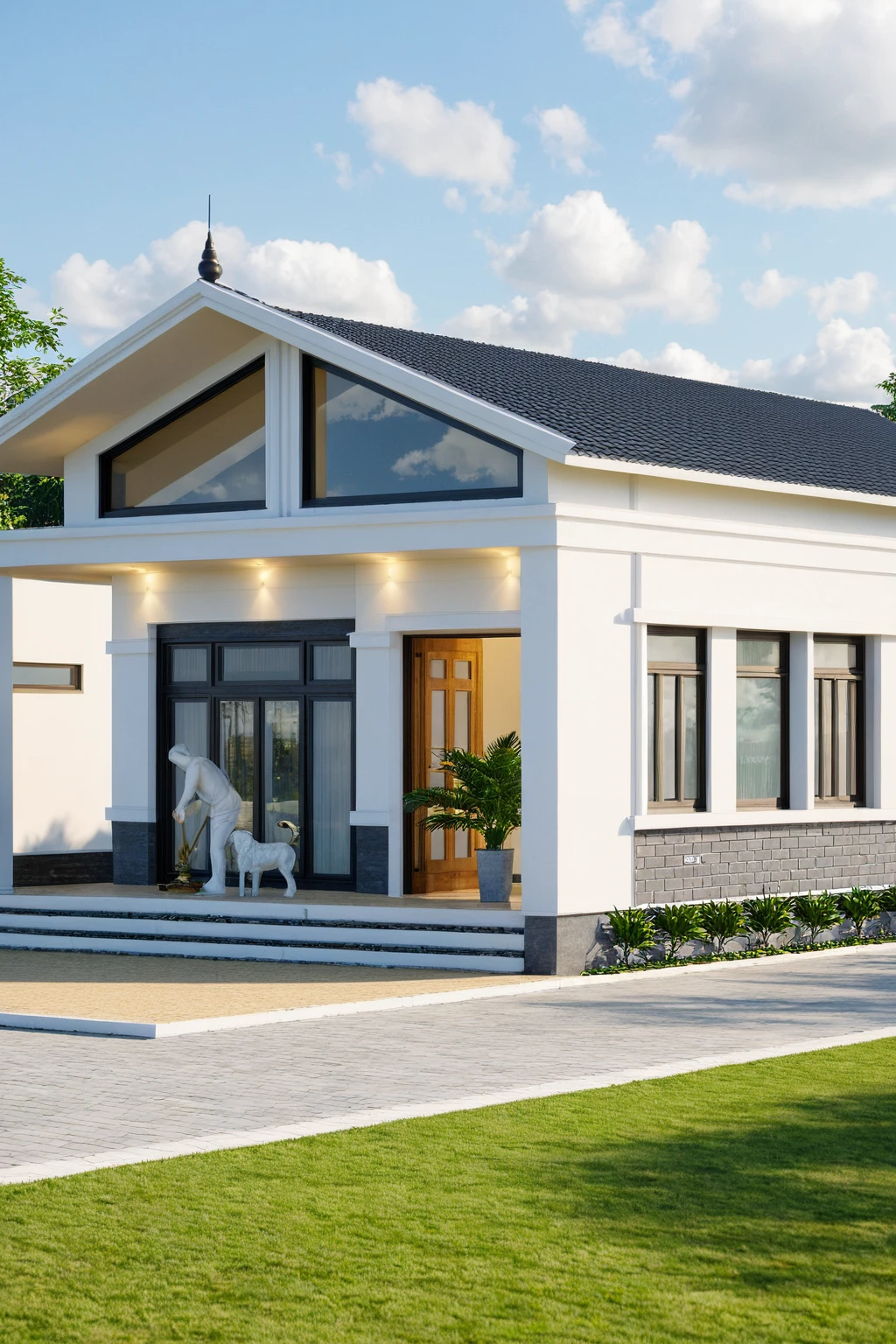 Raw photo,Masterpiece, high quality, best quality, authentic, super detail,
exterior, outdoors, house, Nhamaithai, aiaigroup on the tropical garden, minimalist line,onestoreyvilla, modern style
brick yard,grass,tropical trees, sky, (day:1.1),Tropical garden background
