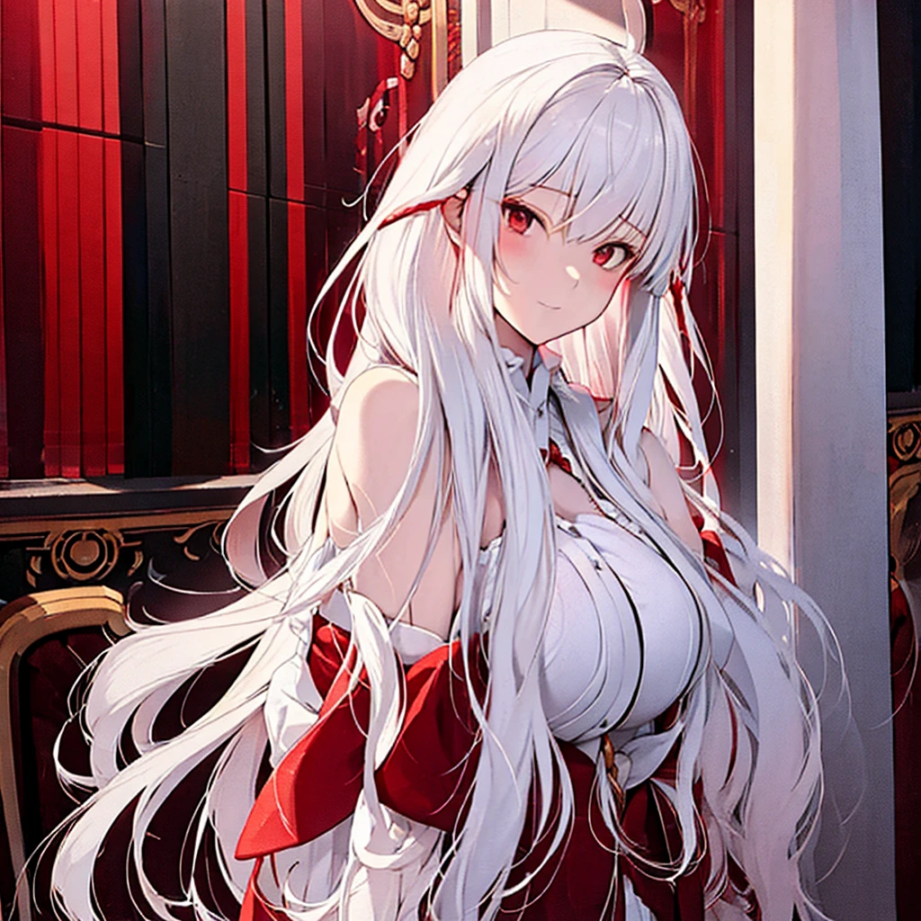 Women(alone), very long white hair,Red eyes,red and red kimono that reveals her shoulders, big breasts, tight