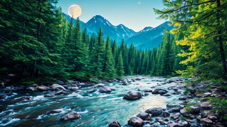 Realistic vision. good 8K image quality, about the moon that is embracing a crystalline river that descends from the mountains., a beautiful forest full of trees and vegetation