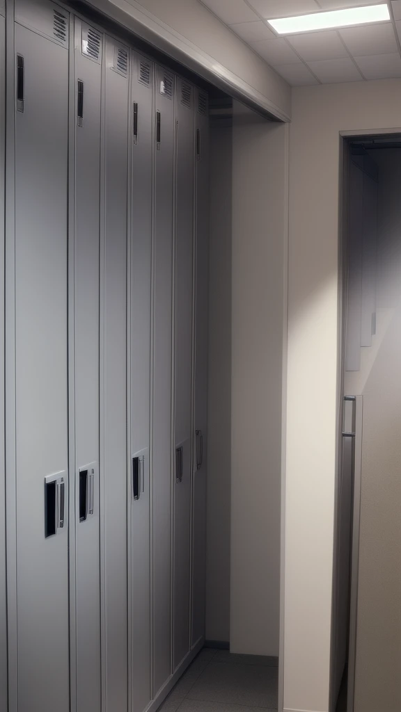 This is the high school locker room.、1A woman is changing her uniform、There are no lights on so it's dark、Completely nakedの女性、Completely naked、I can see her boobs, navel, pussy, clitoris and labia majora.、Short, fluffy, dark brown lob hairstyle、Small breasts、R-18 illustration、She is blushing with embarrassment、The bra that was taken off is lying on the ground