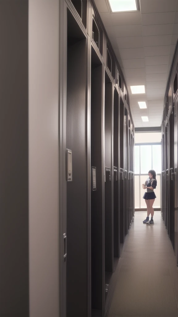This is the high school locker room.、1A woman is changing her uniform、There are no lights on so it's dark、Completely nakedの女性、Completely naked、I can see her boobs, navel, pussy, clitoris and labia majora.、Short, fluffy, dark brown lob hairstyle、Small breasts、R-18 illustration、She is blushing with embarrassment、The bra that was taken off is lying on the ground