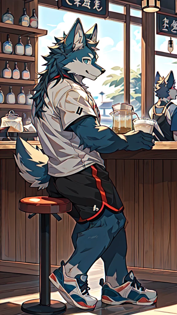 Sunlight，high resolution，4K，gay，(((whole body:1.1，Facing away from the camera:1.5)))，masterpiece，high quality，Brave and bold，((Wolf))，male，(((Milk tea shop，Sit at the bar:1.4)))，WolfFurry，(juvenile)，hairy，((Lovely，Smiling face，Long hair))，((peaceful，Gentle))，(((Well-proportioned body，Small ears，Well-proportioned limbs，Wolf尾巴:1.2，Meat pad)))，(((Green ears:1.5，Dark blue head，Dark blue back，Dark blue limbs，Brown chest，brown abdomen，Blue pupils，粉色Meat pad)))，(((Grey short sleeves，Red and black sports shorts，Blue sneakers:1.3)))，Delicate face，Exquisite eyes，Detailed body，Detailed hands，Detailed feet