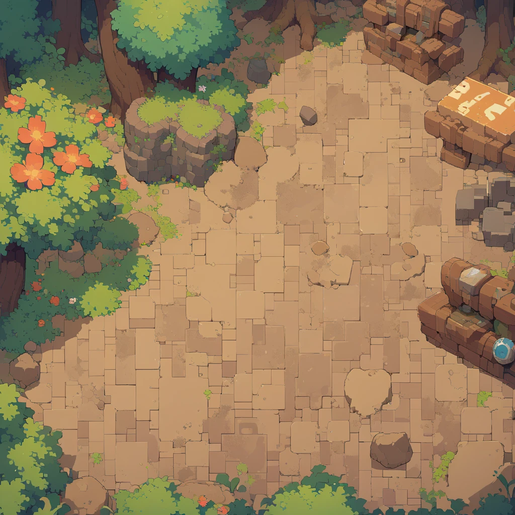 retro video game style,pixelated graphics,vibrant colors,8-bit characters,blocky shapes,sharp lines,detailed shading,classic gaming vibe,nostalgic atmosphere,classic arcade games,masterpiece:1.2,ultra-detailed,illustration style, 2d texture, clay texture, stone texture, 4 k seamless mud texture, video game texture, dirt texture, tileset, game tiles, clay material, flat texture, grass, trees, rock texture, rocky ground, forest, topdown view, game texture, game art, ground very detailed, dirt, floor texture, tileable texture, flowers, bushes, shrubs, intricate ground stone, top down view, 3/4th perspective