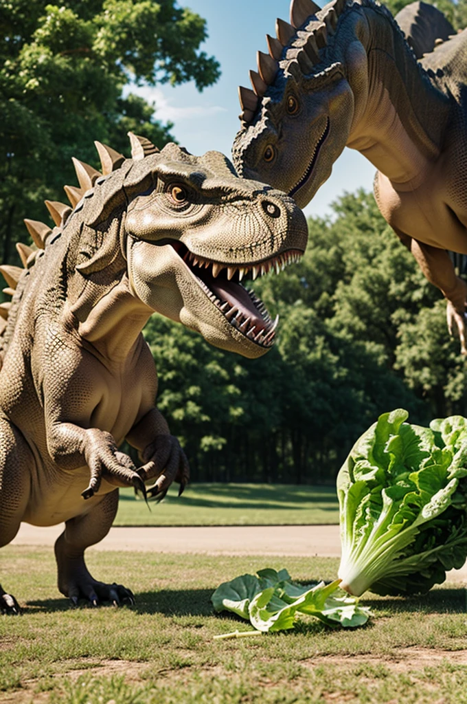 Dinosaur eating lettuce while exercising