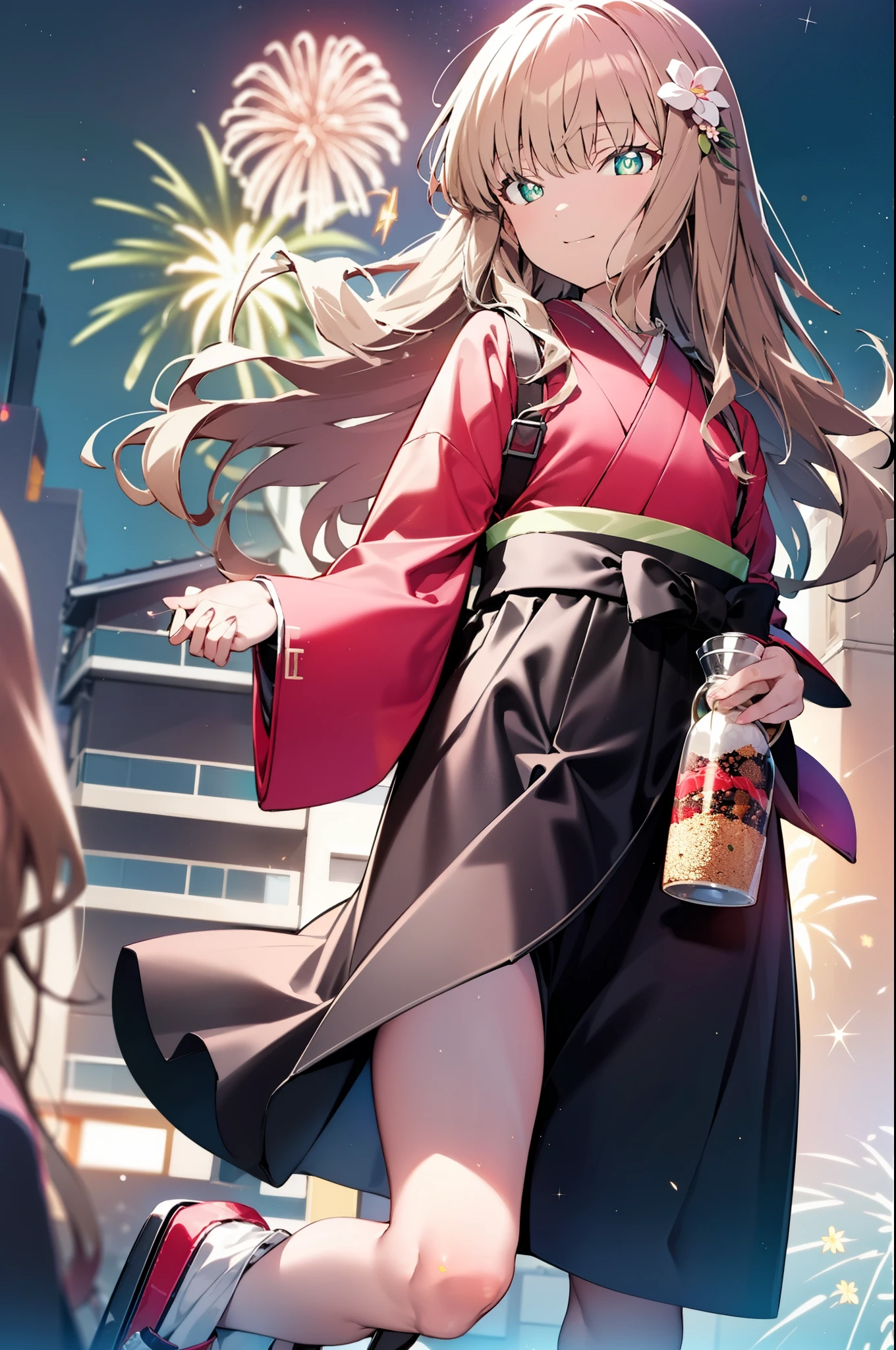 Yume Minami,sss dynazenon ,Brown Hair,Green Eyes,hair tied back,Flower hair ornament,Black Japanese Clothing,Thick sleeves,Long skirt,Sandals,whole bodyがイラストに入るように,smile,Fireworks in the night sky,Fireworks,The place is a fireworks display、Time is night,break outdoors, Festival,break looking at viewer, whole body,(Cowboy Shot:1. 5) , break (masterpiece:1.2), Highest quality, High resolution, unity 8k wallpaper, (shape:0.8), (Beautiful and beautiful eyes:1.6), Highly detailed face, Perfect lighting, Extremely detailed CG, (Perfect hands, Perfect Anatomy),