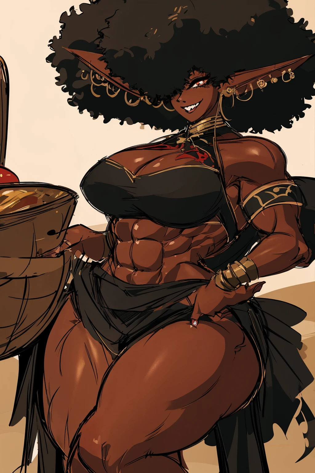 (masterpiece, best quality:1.2),1 girl, voluptuous body, full body, masterpiece, dominant pose, good anatomy, no extra limbs, big ass, thick thighs, black hair, voluminous afro, pointy ears, gold earrings, black top with red details, black skirt with red details, gold necklaces no eyes hair covering eyes