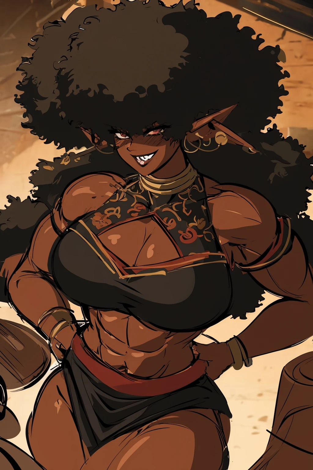 (masterpiece, best quality:1.2),1 girl, voluptuous body, full body, masterpiece, dominant pose, good anatomy, no extra limbs, big ass, thick thighs, black hair, voluminous afro, pointy ears, gold earrings, black top with red details, black skirt with red details, gold necklaces no eyes hair covering eyes