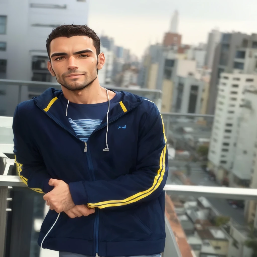 fit man with blue jacket standing looking forward, with low beard, with brown eyes and hair, on a balcony overlooking the city, in sao paulo, Ismail, profile photo 1024px, avatar image, pixar, cartoon, high qualiy