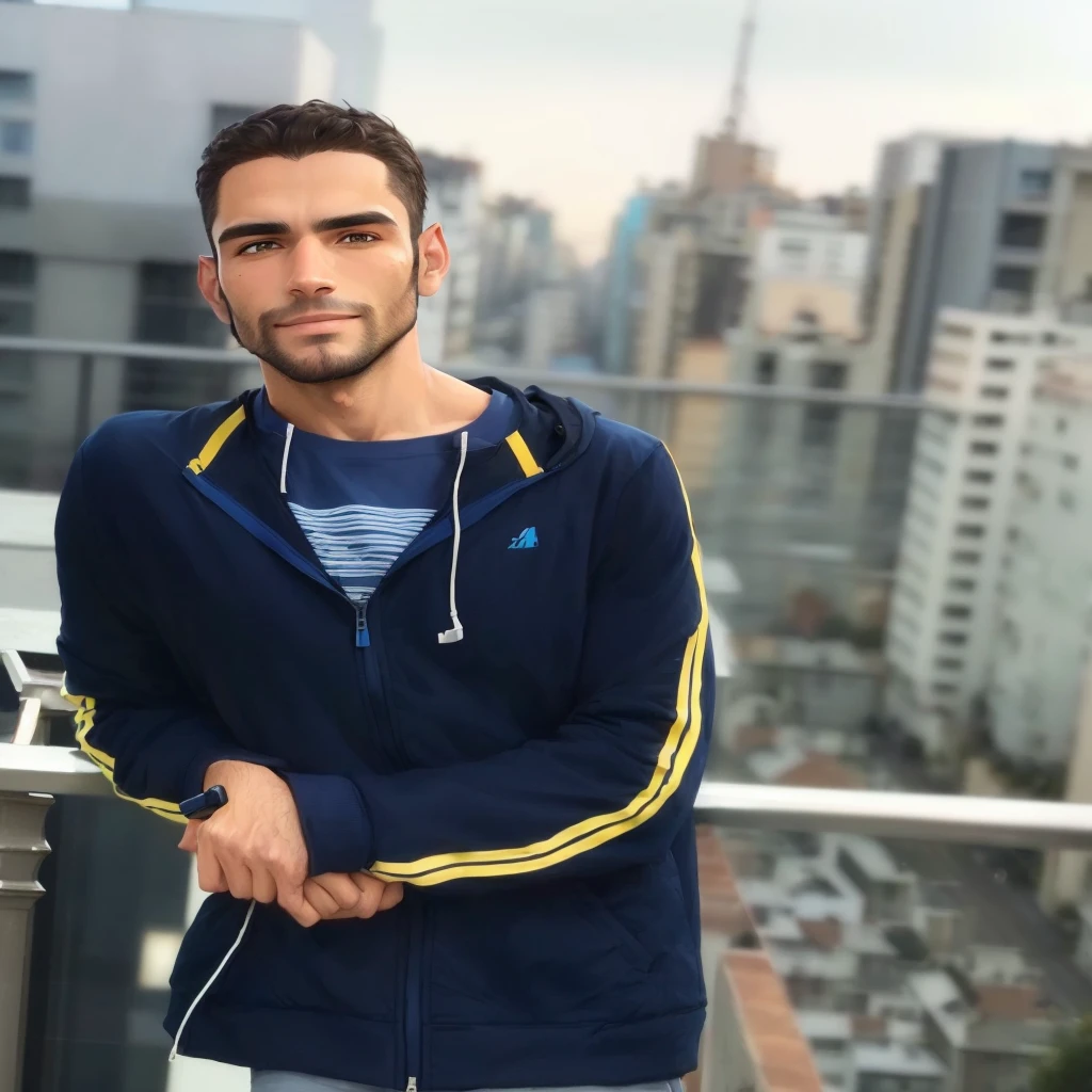 fit man with blue jacket standing looking forward, with low beard, with brown eyes and hair, on a balcony overlooking the city, in sao paulo, Ismail, profile photo 1024px, avatar image, pixar, cartoon, high qualiy