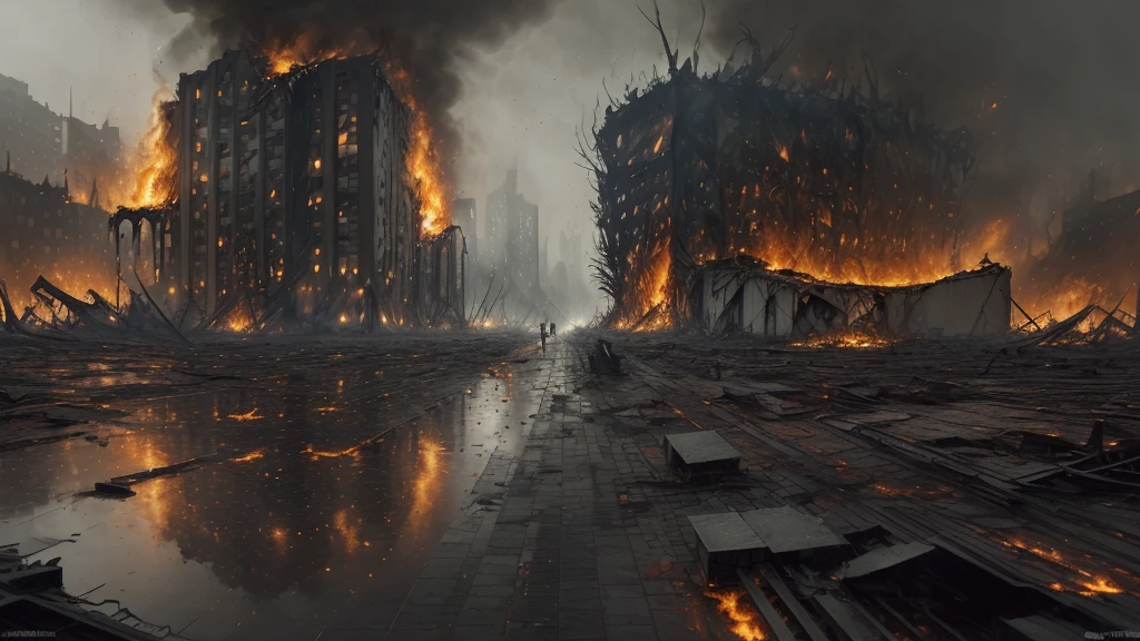 Ultra-detailed, master piece, best quality, high resolution, Burning cities, raining ashes, Many buildings, echoes of despair, scars of war, a world in disorder, madness reigns, life overflows, those who reap it, the earth stained with blood, endless tragedy, fading hope, ruin, endless nights of pain, 16k