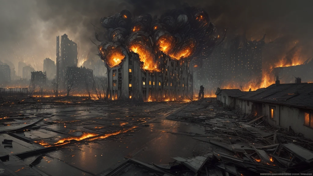 Ultra-detailed, master piece, best quality, high resolution, Burning cities, raining ashes, Many buildings, echoes of despair, scars of war, a world in disorder, madness reigns, life overflows, those who reap it, the earth stained with blood, endless tragedy, fading hope, ruin, endless nights of pain, 16k