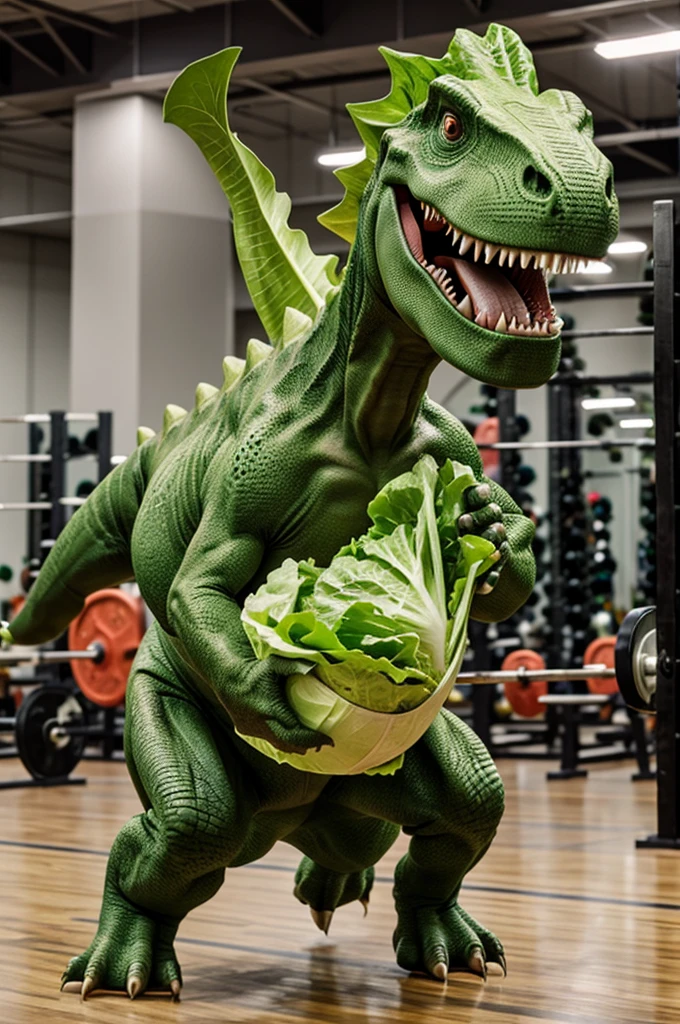 Cheering dinosaur that is holding and eating a lettuce while doing weight lifting
