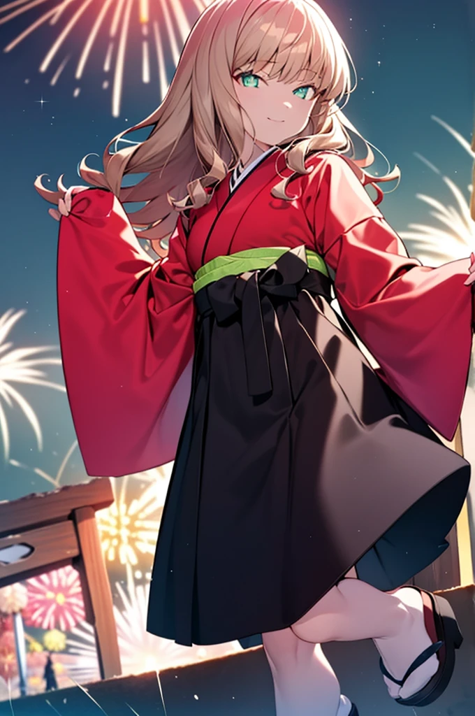 Yume Minami,sss dynazenon ,Brown Hair,Green Eyes,hair tied back,Flower hair ornament,Black Japanese Clothing,Thick sleeves,Sandals,whole bodyがイラストに入るように,smile,Fireworks in the night sky,Fireworks,The place is a fireworks display、Time is night,break outdoors, Festival,break looking at viewer, whole body,(Cowboy Shot:1. 5) , break (masterpiece:1.2), Highest quality, High resolution, unity 8k wallpaper, (shape:0.8), (Beautiful and beautiful eyes:1.6), Highly detailed face, Perfect lighting, Extremely detailed CG, (Perfect hands, Perfect Anatomy),