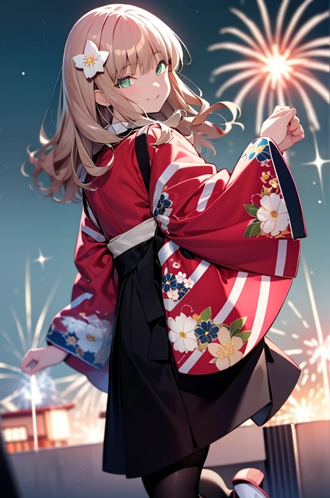 Yume Minami,sss dynazenon ,Brown Hair,Green Eyes,hair tied back,Flower hair ornament,Black Japanese Clothing,Thick sleeves,Sandals,whole bodyがイラストに入るように,smile,Fireworks in the night sky,Fireworks,The place is a fireworks display、Time is night,break outdoors, Festival,break looking at viewer, whole body,(Cowboy Shot:1. 5) , break (masterpiece:1.2), Highest quality, High resolution, unity 8k wallpaper, (shape:0.8), (Beautiful and beautiful eyes:1.6), Highly detailed face, Perfect lighting, Extremely detailed CG, (Perfect hands, Perfect Anatomy),