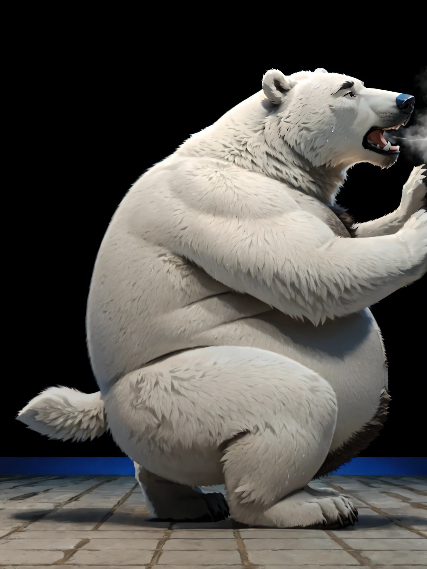 Overweight polar bear、Polar bear fur、Belly rubbing pose、Both hands touching the belly、Pose with one leg raised、Fat-filled abdomen、Profile of face、Side view、Lots of pubic hair、Very long armpit hair、Thick chest hair、Composition looking up from diagonally below、Roaring Polar Bear、Concrete Background、Long body、very short legs、Hairless head、Upward facing face、Sweaty body、White Breath
