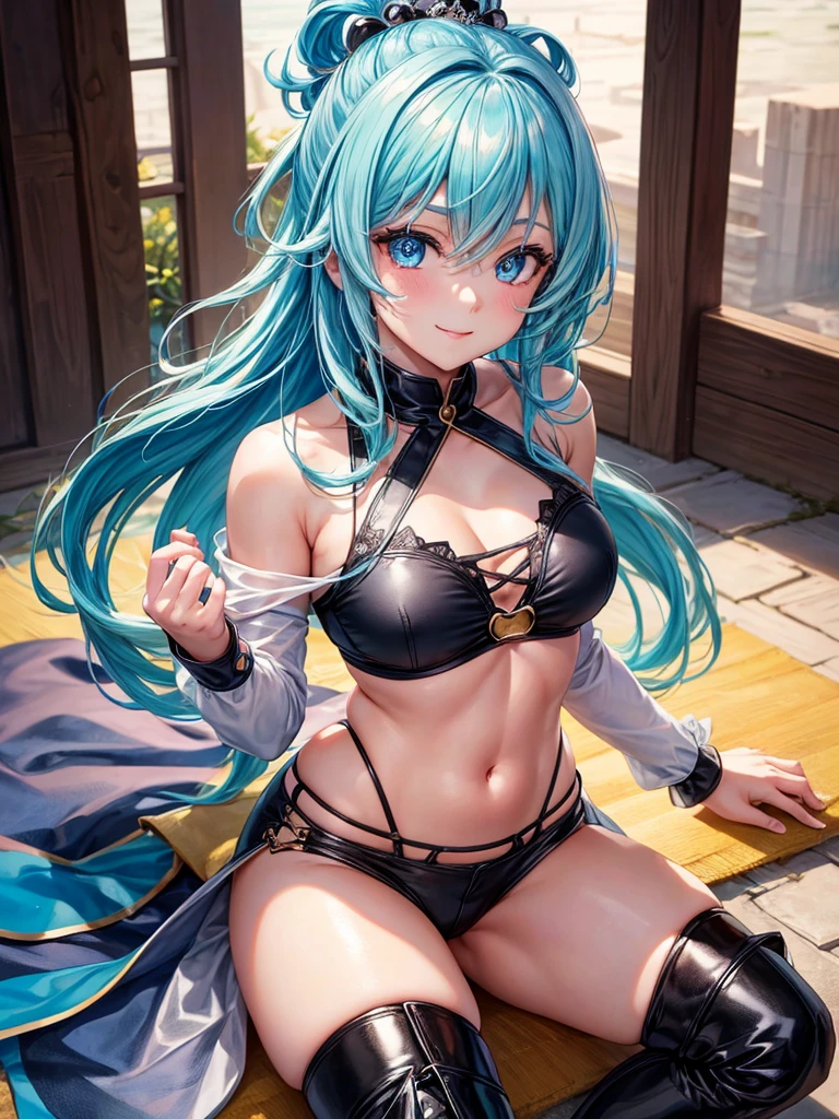 Gorgeous image quality, 8 k, high quality, masterpiece:1.2), ((masterpiece)), (high detail, high quality, Best Image Quality), solo, 1 girl, Konosuba ,aqua, blue hair, Blue eyes, detailed face, cheerful face, smiling, looks at the viewer,masterpiece, Beautiful art, очень detailed face, detailed hair, detailed clothing, detailed fabric, Beautiful face, black Dior thigh-high boots, bikini, маленькие bikini,  short pink shorts, bare belly, I&#39;m standing, Stooping, clouded, huge breasts, middle thighs, turmoil, School Environment