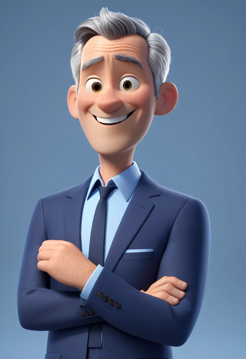 Create a Disney Pixar-style character of a 50-year-old man, very short gray hair, in a dark blue suit and light blue shirt, no tie, smiling at the camera 3d Pixar style, (best qualityer, 4K, 8K, high resolution, boss of'work of art:1.2), ultra detali, (realisitic, photorealisitic, photo-realisitic:1.37), shiny colors, studio lighting