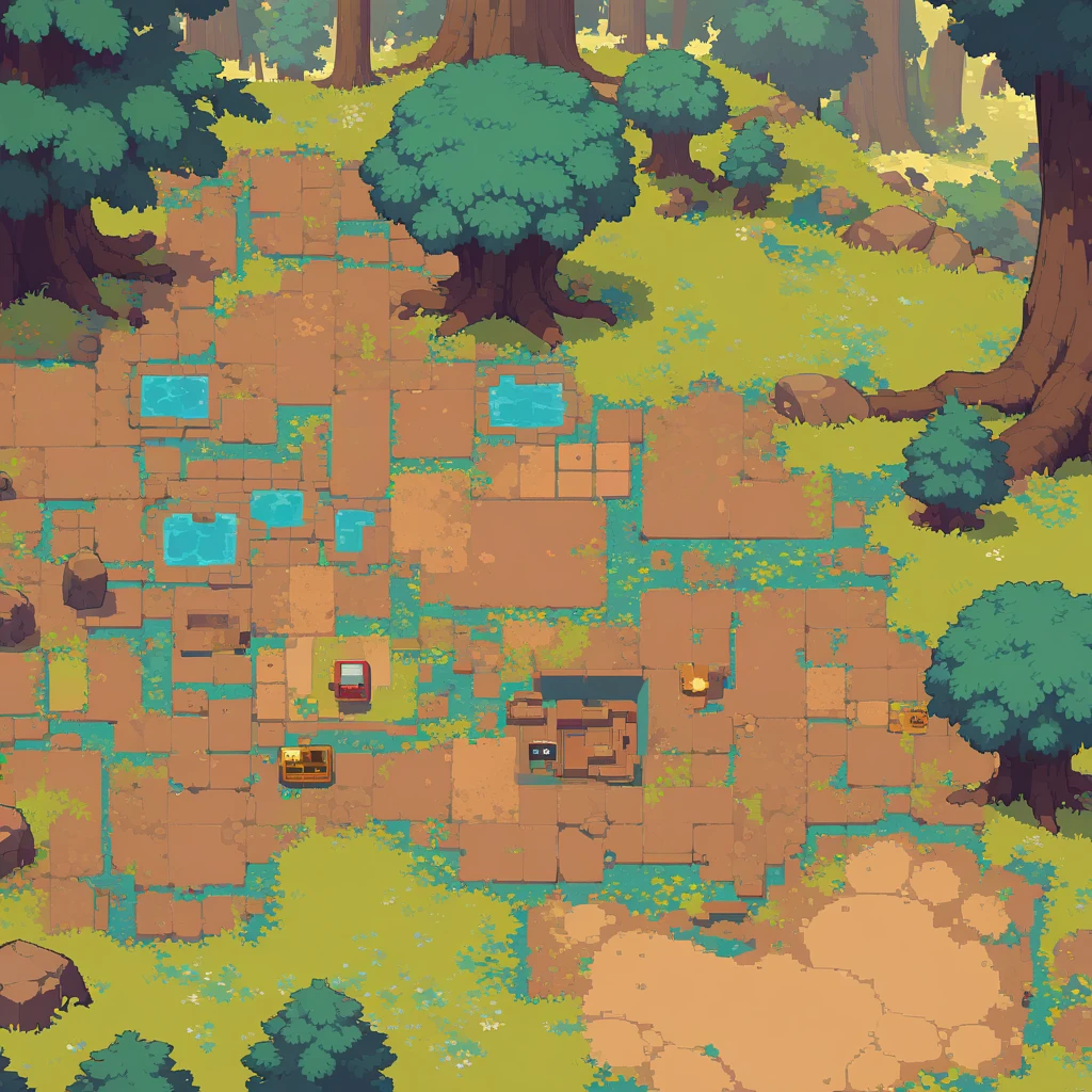retro video game style,pixelated graphics,vibrant colors,8-bit characters,blocky shapes,sharp lines,detailed shading,classic gaming vibe,nostalgic atmosphere,classic arcade games,masterpiece:1.2,ultra-detailed,illustration style, 2d texture, clay texture, stone texture, 4 k seamless mud texture, video game texture, dirt texture, tileset, game tiles, clay material, flat texture, grass, trees, rock texture, rocky ground, forest, topdown view, game texture, game art, ground very detailed, dirt, floor texture, tileable texture, flowers, bushes, shrubs, intricate ground stone, top down view, 3/4th perspective