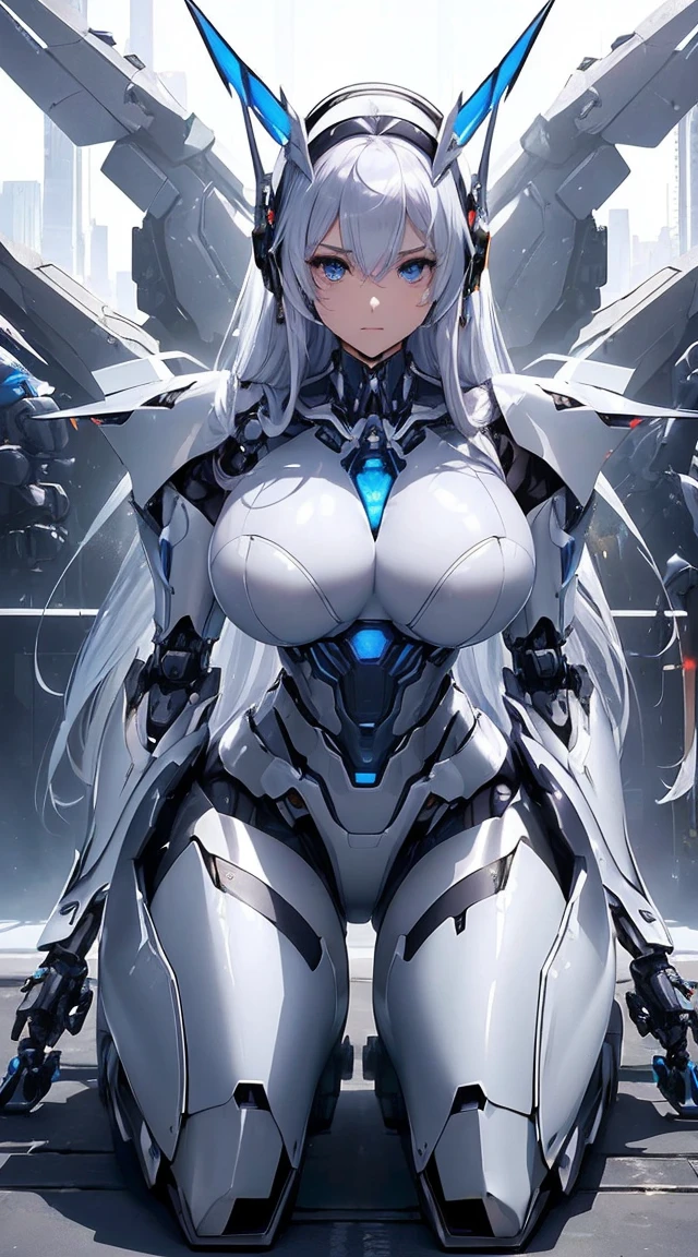 (Sit with one knee on the machine:1.6)、(Full body description:1.3)、((Shining lenses on both breasts:1.3))、((Blue pillars of light are emanating from both chests.:1.3))、smile、((8K)), ((32k)), ((Highest quality)), ((masterpiece)), ((超A high resolution)), ((Tmasterpiece)), ((Halation:1.4))、((Mechaニカルheadgear:1.2))、((Cyber headphones:1.3))、Fine skin, High quality fabric, Fine metal texture、((Beautiful and dense face))、RAW Photos、Professional, Ultra-fine painting, ((alone)), Beautiful breasts、Highest quality, Very detailed, Very detailed詳細, Finer details, so beautiful, ((Princess Knight Robot:1.2)),  (Joints of machines, Mechanical Limbs:1.3), (The internal structure of the machine is exposed:1.3), (Long silver hair:1.1), (Beautiful and huge mechanical breasts)、White Veil, cowboy_shot, Side Focus, headgear, Shiny、(Five Fingers, Four fingers and thumb),Concept Art, Anime fantasy artwork, Detailed fantasy art, (with pale blue-violet hair and large white wings,,,,,,,), (((Long silver hair))), (Mecha:1.6)、Sleek and intimidating design, ((Commander-in-Chief&#39;arm)), (Perfect robot body)、純白と青紫armまたは, Symmetrical wings, 8K high quality, detailed art, 3D rendering of character art in 8K, neat legs, Defined, Defined fingers,