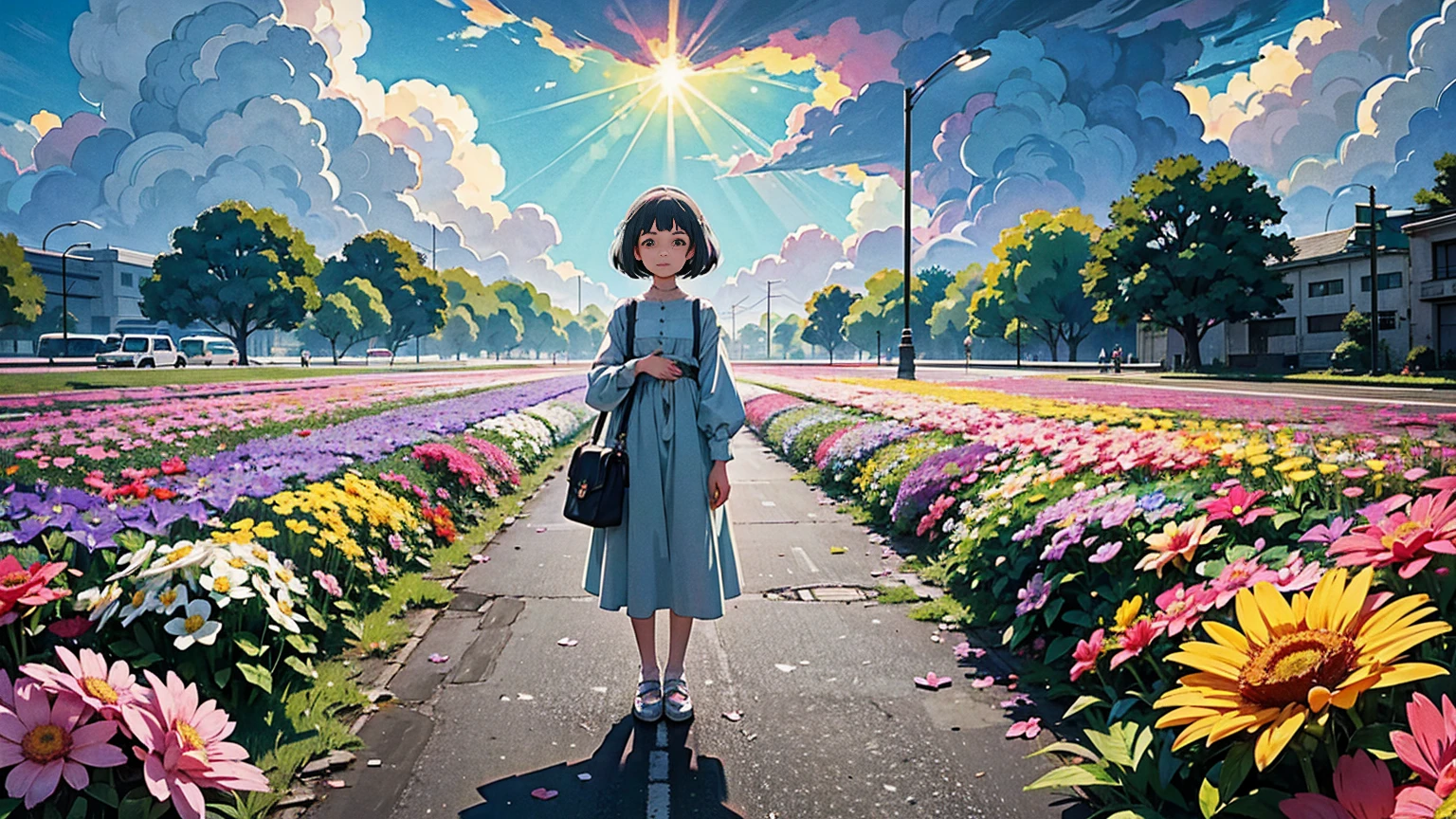 A vibrant flower blooms on the dirty ground of a large gray avenue. A crowd of gray, soulless people crosses the streets. A colorful , glowing with bright hues, stands protectively over the flower, protecting it with her little hands and determined eyes. Sunlight breaks through the dark clouds. Studio Ghibli style