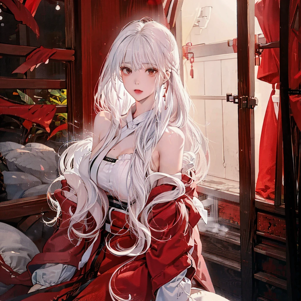  Women(alone), very long white hair,Red eyes,red and red kimono that reveals her shoulders, big breasts, tight