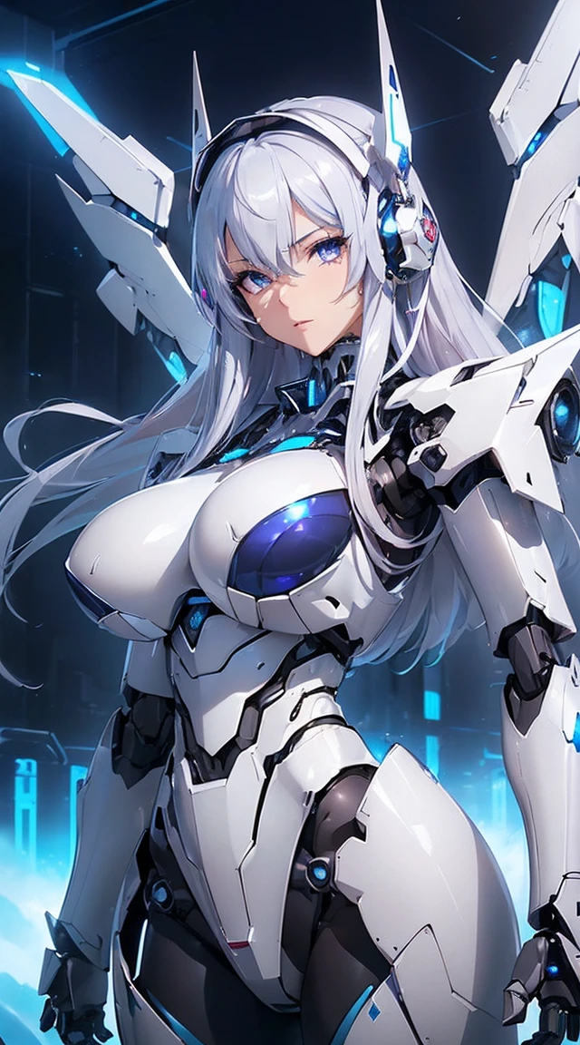 ((Intense action pose:1.6))、((Shining lenses on both breasts:1.3))、((Blue pillars of light are emanating from both chests.:1.3))、smile、((8K)), ((32k)), ((Highest quality)), ((masterpiece)), ((超A high resolution)), ((Tmasterpiece)), ((Halation:1.4))、((Mechaニカルheadgear:1.2))、((Cyber headphones:1.3))、Fine skin, High quality fabric, Fine metal texture、((Beautiful and dense face))、RAW Photos、Professional, Ultra-fine painting, ((alone)), Beautiful breasts、Highest quality, Very detailed, Very detailed詳細, Finer details, so beautiful, ((Princess Knight Robot:1.2)), (Joints of machines, Mechanical Limbs:1.3), (The internal structure of the machine is exposed:1.3), (Long silver hair:1.1), (Beautiful and huge mechanical breasts)、White Veil, cowboy_shot, Side Focus, headgear, Shiny、(Five Fingers, Four fingers and thumb),Concept Art, Anime fantasy artwork, Detailed fantasy art, (with pale blue-violet hair and large white wings,,,,,,,), (((Long silver hair))), (Mecha:1.6)、Sleek and intimidating design, ((Commander-in-Chief'arm)), (Perfect robot body)、純白と青紫armまたは, Symmetrical wings, 8K high quality, detailed art, 3D rendering of character art in 8K, neat legs, Defined, Defined fingers,