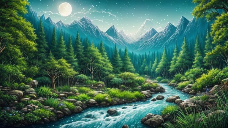 An image of a crystal clear mountain river flowing through a forest. Ilustración de un landscape hiperrealista. from another world, ultrasky scene featuring a full-length giant crystal tree,very detailed and magical moon lighting, intricate forest details, vegetation and river around, Lunar punk ,landscape, giant tree, Beautiful leafy with beautiful lunar lighting and realistic proportions., as if it were a cinematic background, 8K, of the highest quality, masterpiece, full moon and stars in the sky.