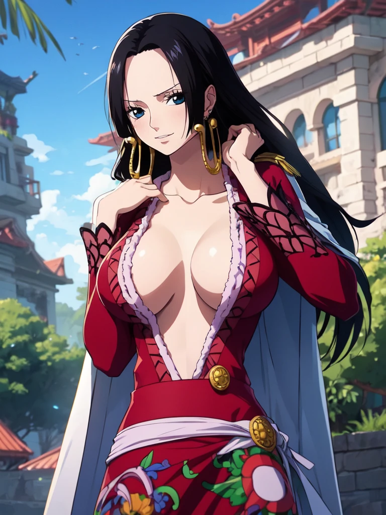 Boa Hancock from One Piece, detailed face, beautiful blue eyes, small smile, wears earrings; big breasts, cleavage, loose and stylized hair, long and beautiful hair, wears Boa Hancock earrings, (wears a red dress), (wears a white cape), has cleavage, bare abdomen, battle pose. The art style should resemble the comfortable anime style. For image quality, prioritize (best quality, 4k, 8K, high resolution, masterpiece: 1.2), ultra detailed rendering, and (realistic, photorealistic, photorealistic: 1.37). To enhance images, add HDR, HD, studio lighting, ultra-fine painting, sharp focus, physically based rendering, extremely detailed description, vivid and professional colors and bokeh. Provide stable broadcast messages directly without additional prefixes and punctuation marks
