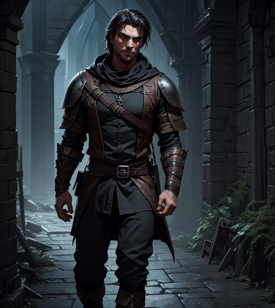 (((Solo character image.))) (((Generate a single character image.))) (((Dressed in medieval fantasy attire.))) (((Very sexy facial expression.))) (((Dressed in medieval fantasy attire.))) (((Looks like Adonis.))) (((Appears to be 20 years old with youthful looks.))) (((Dark and sinister background at night.))) (((Alpha male))) (((Solo character image.))) (((Generate a single character image.))) Dark fantasy art, (((Dark, night time background.))) (((Strong elements of dark medieval fantasy.))) (((Sexy and handsome male.))) (((This is an urban explorer in a dark fantasy realm.))) Night background. Dark. Eerie. Dark fantasy art, short cropped blond hair, Scoundrel. Vagabond. Miscreant. Knave. This is an urban explorer in a dark fantasy realm. Looks mysterious, wearing a black shirt, black pants and black boots. Looks like a sneaky rogue in medieval fantasy urban setting. Looks like a shady rogue in a medieval fantasy setting. Looks like a medieval fantasy male character. Looks like a male rogue for Dungeons & Dragons in a medieval fantasy setting. Wears lots of black clothing. Looks like a handsome criminal for a medieval fantasy setting. Looks shifty. Looks suspicious. Looks untrustworthy. wearing black leather medieval clothing, sneaky, rogue, muscular, gorgeous face, fantasy artwork, fantasy attire, fantasy adventurer, masterpiece:1.3,madly detailed photo:1.2, hyper-realistic lifelike texture:1.4, picture-perfect:1.0,8k, HQ,best quality:1.0, (masterpiece,fantasy,art, best quality, unreal engine, 8k, ultra HD, centered image, absurdres