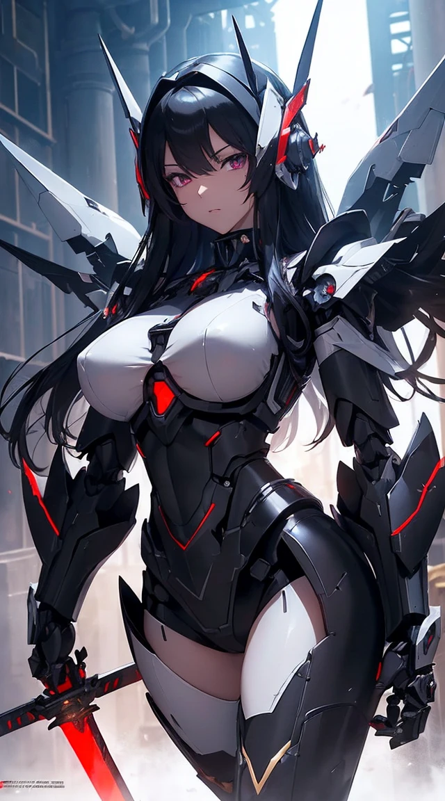 ((Shining lenses on both breasts:1.3))、((Pillars of red light radiate from both chests..:1.3))、((Attack pose:1.6))、((He has a red sword and a long rifle:1.6))、((Battle Scenes:1.8))、((8K)), ((32k)), ((Highest quality)), ((masterpiece)), ((超A high resolution)), ((Tmasterpiece)), ((Halation:1.4))、((Mechaニカルheadgear:1.2))、((Cyber headphones:1.3))Fine skin, High quality fabric, High-quality metal texture、((Beautiful and dense face))、RAW Photos、Professional, Ultra-fine painting, ((alone)), Beautiful breasts、Highest quality, Very detailed, Very detailed詳細, Finer details, so beautiful, ((Black Knight Robot:1.2)), (Joint of the machine, Mechanical Limbs:1.3), (The internal structure of the machine is exposed:1.3), (Long black hair:1.1), (Beautiful and huge mechanical breasts)、White Veil, cowboy_shot, Side Focus, headgear, Shiny、(Five Fingers, Four fingers and thumb),Concept Art, Anime fantasy artwork, Detailed fantasy art, (Has light blue-purple hair and black wings,,,,,,), (((Long black hair))), (Mecha:1.6)、Sleek and intimidating design, (Jet black perfect robot body)、Jet black and reddish purple arms, Symmetrical wings, 8K High Resolution, Detailed Art, 3D rendering of character art in 8K, neat legs, Defined, Defined fingers,((headshot:1.6))