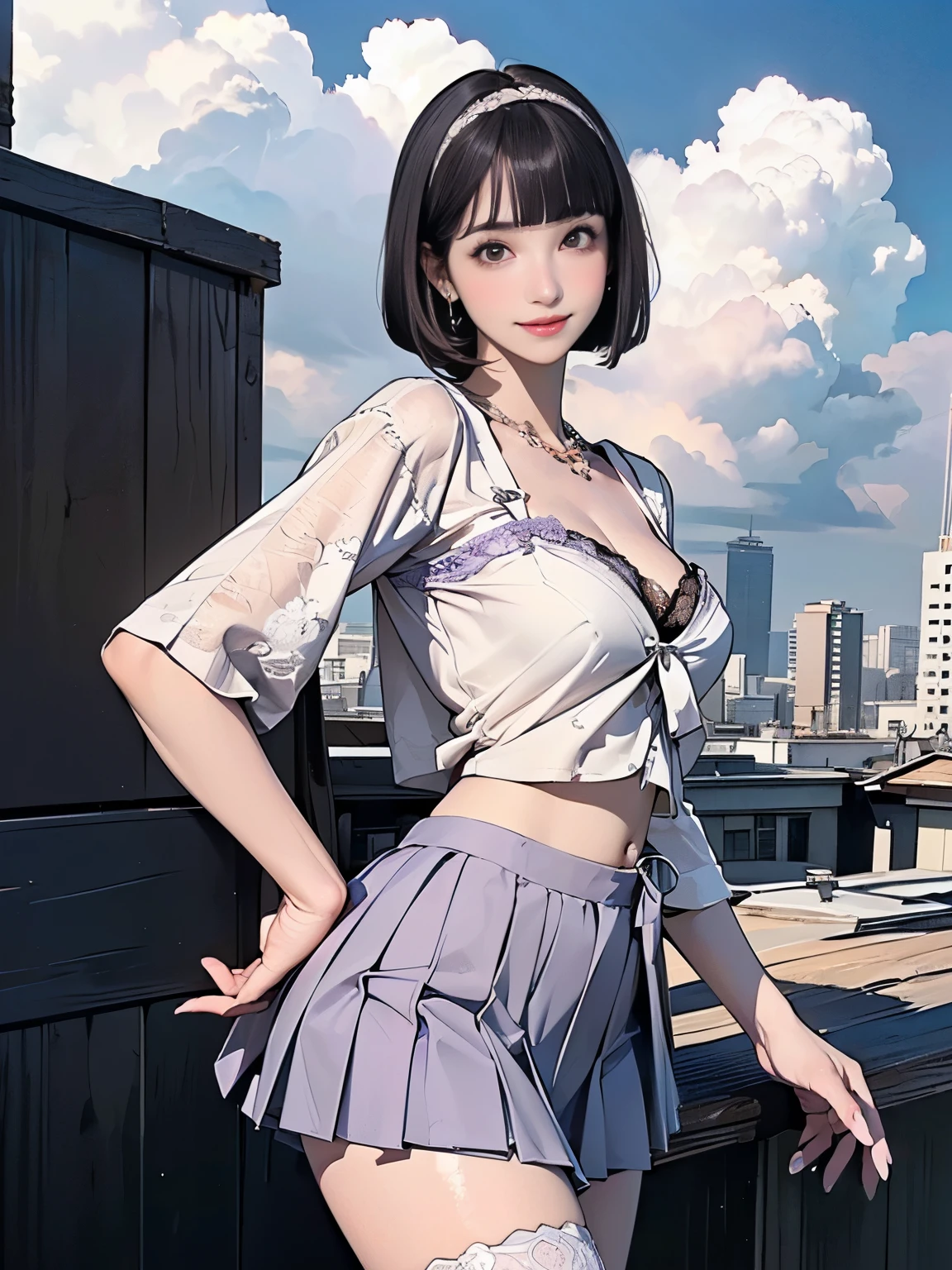 ((((Highest quality))))、(((Ultra-precision CG16K wallpaper)))、(((masterpiece)))、(((Super detailed)))、(((Extreme detail)))、((１Mature 29 year old woman:1.6))、((Very beautiful Japan face of a person))、((Urizane Face:1.8))、((Short bob straight hair、blunt bangs:1.8))、(Shiny Hair)、A delicately drawn beautiful face、Dark Eyes、double eyelid、High nose、Small nostrils、Small Mouth、Seductive lips、Beautiful breasts、((C cup size breasts))、Cleavage、Beautiful feet、eight-headed body、Perfect proportions、Perfect Anatomy、Perfect composition、Beautiful detailed shading、Beautiful, natural lighting、Beautiful detail glow、Depth of written boundary、(((High chroma)))、(((Real:1.9)))、((vivid:1.5))、((Beautiful Skin))、((Skin Texture))、((Realな皮膚感))、(((Cowboy Shot:1.6)))、((front view、shoot from front、front low angle:1.6))、(((smile:1.7)))、((The woman is looking at this、looking at viewer:1.6))、Bright daylight、Natural light、(((Rooftop、skyscraper、cloud:1.5)))、(Gravure idol walking pose:1.6)、(((Light purple lace blouse&Low-rise pleated mini skirt:1.6)))、((hair band、Chain Necklaces、Wearing earrings:1.5))、((Knee socks clothing:1.5))、