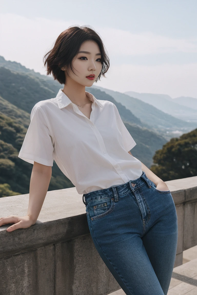 Beautiful woman、Short Hair、tall、Looking this way、Sharp Eyes、High nose、Sharp contours、Fair skin、TWearing a shirt、Wearing jeans、Landscape