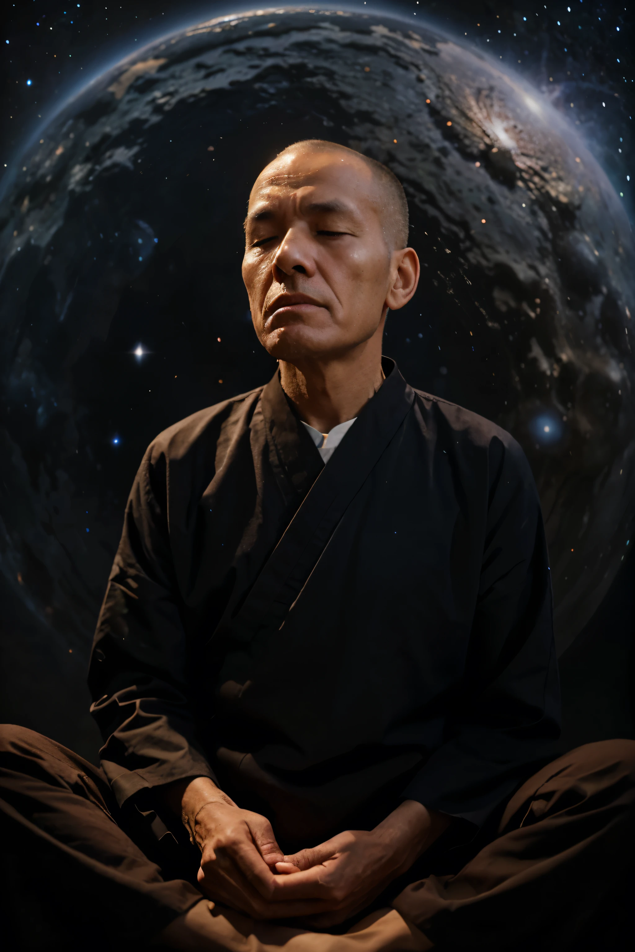 An elderly monk meditates with his eyes closed,The background is the cosmic galaxy