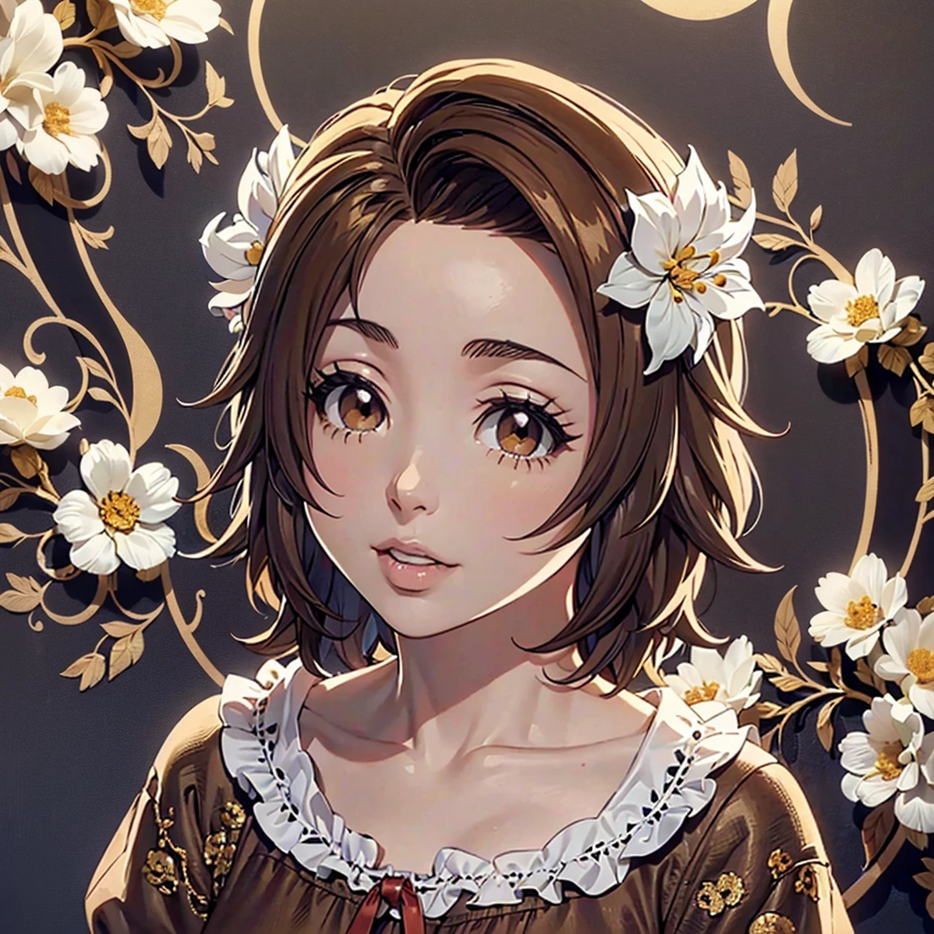 rich in detail, face detailed, detailed hair, eye detailed, detailed nose, detailed lips. a young and beautiful girl with natural beauty wearing a nightgown and a flower in her hair. with happy expression, masaki kurosaki.