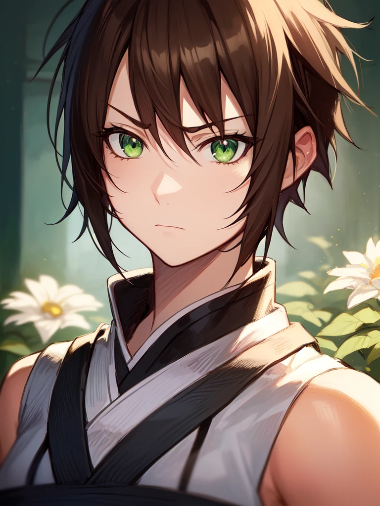 ((spiked hair)), ((tomboy)), ((short hair)), ((brown hair)), ((green eyes)), ((serious expression)), (shinobi clothing)), ((light skin)), ((flowers)), ((complementary colors)), ((mature female)), 1girl, beautifully drawn, high resolution illustration, best quality, High definition, ((detailed anime sketch)), Masterpiece, (solo), absurdres, portrait, ((upper body)), detailed background, fine detail, female focus, HDR,