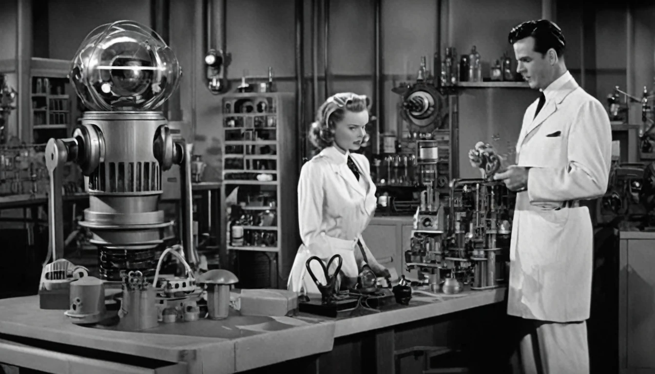 1940s black and white movie scene, classic scifi laboratory, mad scientist and robot assistant