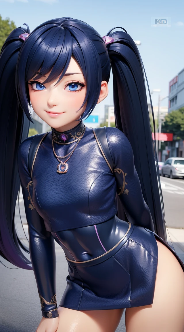  (masterpiece:1.3), (Best Quality:1.3), (Ultra-detailed:1.2), ((kawaii)), Cute, (lovely), ((sexy)), ((Extremely detailed)), 4K, (8K), Best Quality, (Beautiful), Illustration, anime style, (bold line:1.2), Gradation, looking at viewer, //, (bent down:1.1), (arms behind back), //, a cute girl, 1girl, (solo:1.2), gleaming skin, //, (flat chested), (Perfect eyes:1.2), (Perfect iris:1.2), //, darkblue hair color, (beautiful eyes) //, (half closed eyes:1.3), (sexual expression:1.2), Fascinated expression, smile, (blush:1.2), //, modern city background, on rock, twin tails, muscle girl, hard abs, exposed abs, NECKLACE, tight blouse, skirt