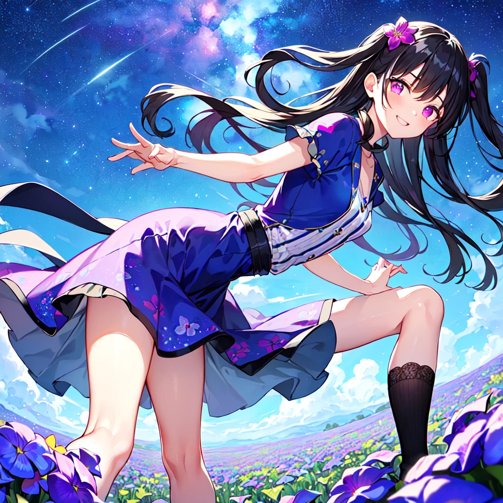 MASTERPIECE, best quality, high quality, extremely detailed, very delicate and beautiful, (1 female 18 years old solo: 1.2), (long black hair two-side up to waist: 1.4), fringes to eyebrows, eyes Sharp eyes, strong glossy glossy eyes, glossy eyebrows, (eye colour magenta: 1.3), 6.5 head height, (periwinkle flower print fashion: 1.3), periwinkle hair ornament, knee socks, frills, lace, (smiling), (running), (running), (dynamic pose), (background periwinkle colourful flower field: 1.3),(starry sky: 1.3).