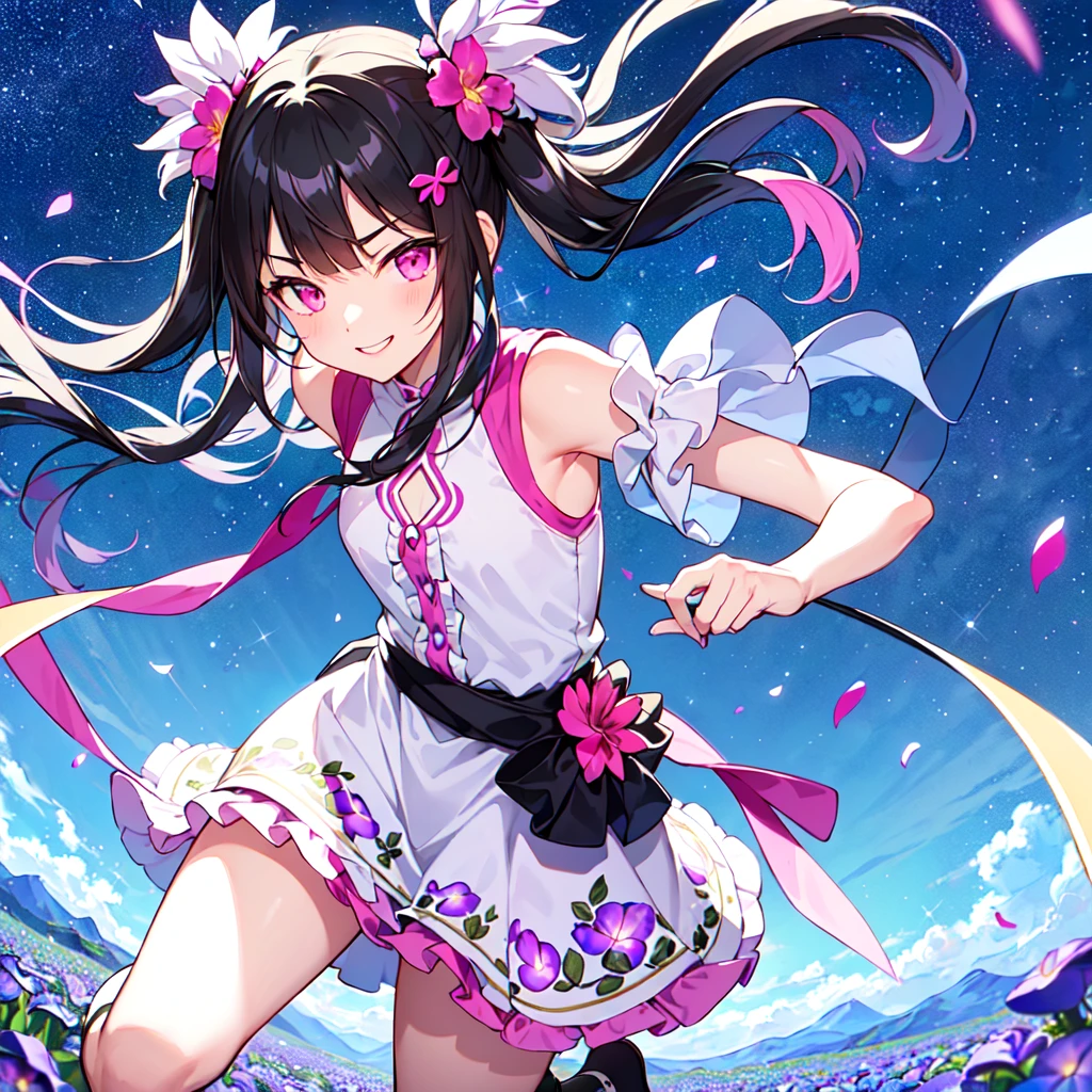 MASTERPIECE, best quality, high quality, extremely detailed, very delicate and beautiful, (1 female 18 years old solo: 1.2), (long black hair two-side up to waist: 1.4), fringes to eyebrows, eyes Sharp eyes, strong glossy glossy eyes, glossy eyebrows, (eye colour magenta: 1.3), 6.5 head height, (periwinkle flower print fashion: 1.3), periwinkle hair ornament, knee socks, frills, lace, (smiling), (running), (running), (dynamic pose), (background periwinkle colourful flower field: 1.3),(starry sky: 1.3). 