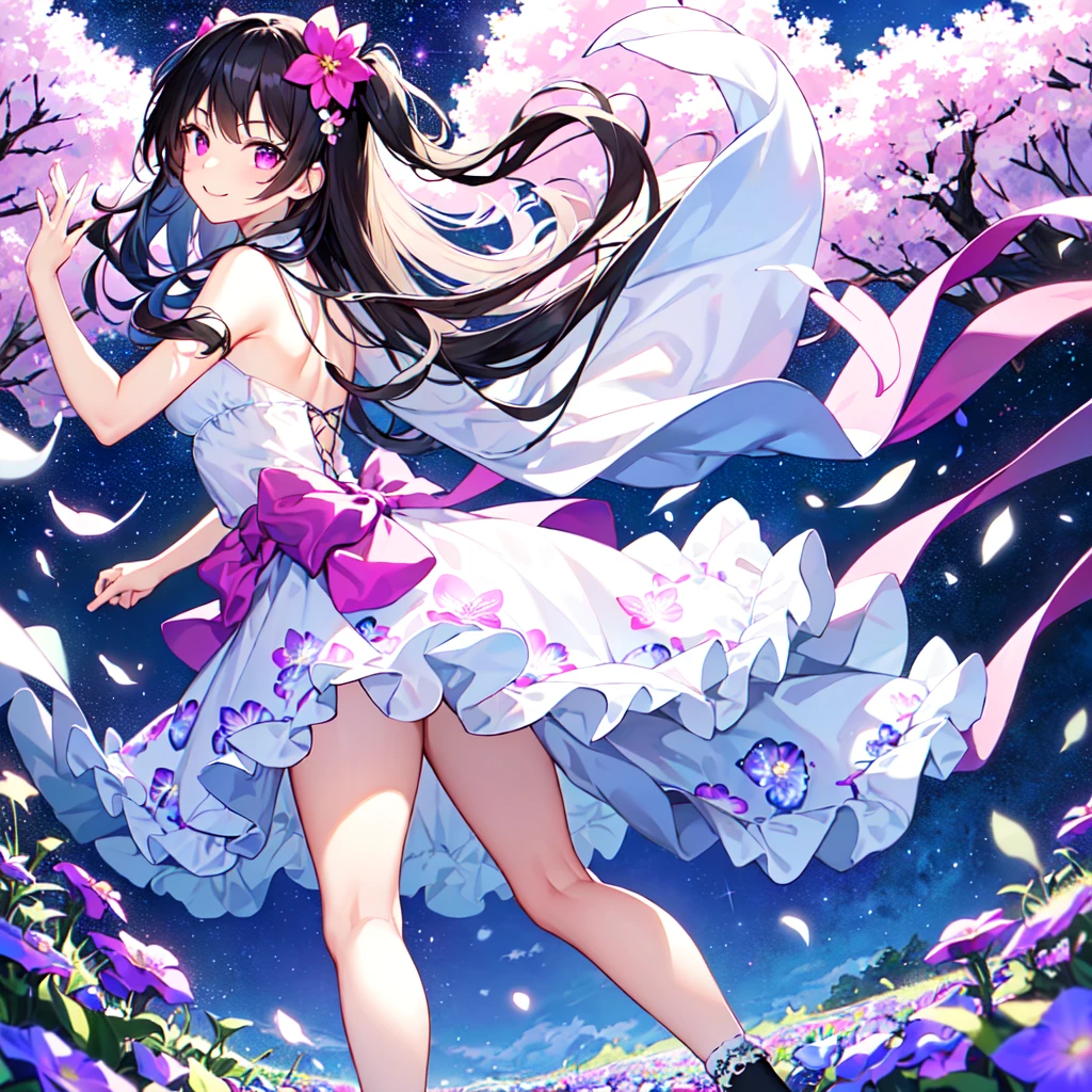 ((A far view)) of a anime girl, (sitting on a grassfield), cinematic light, slim body with curves, skin perfectly white, soft, and smooth, Extremely delicate and beautiful CG illustration, best quality, high resolution, dynamic angle, full-length lens, (1 girl), soft light, high-key lighting), glowing light, purple aura, feathers fluttering background, purple crystal, black long hair, barefoot