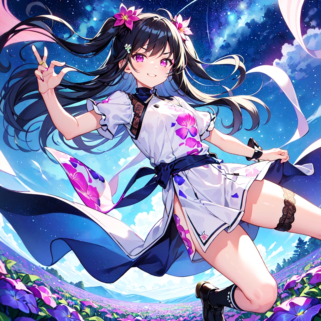 MASTERPIECE, best quality, high quality, extremely detailed, very delicate and beautiful, (1 female 18 years old solo: 1.2), (long black hair two-side up to waist: 1.4), fringes to eyebrows, eyes Sharp eyes, strong glossy glossy eyes, glossy eyebrows, (eye colour magenta: 1.3), 6.5 head height, (periwinkle flower print fashion: 1.3), periwinkle hair ornament, knee socks, frills, lace, (smiling), (running), (running), (dynamic pose), (background periwinkle colourful flower field: 1.3),(starry sky: 1.3).